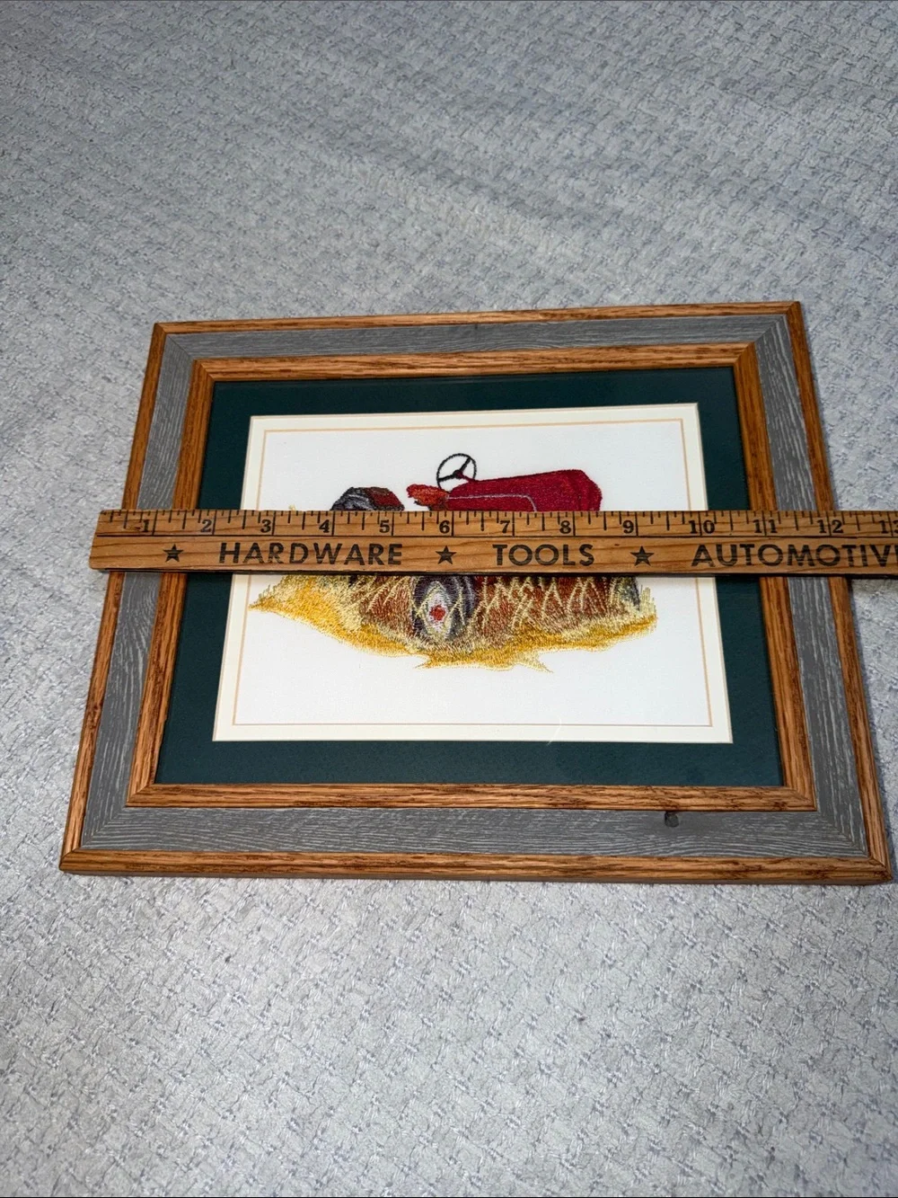 Vtg Needlepoint Embroidered Red Tractor Crewel Barn wood Frame Wall Hanging